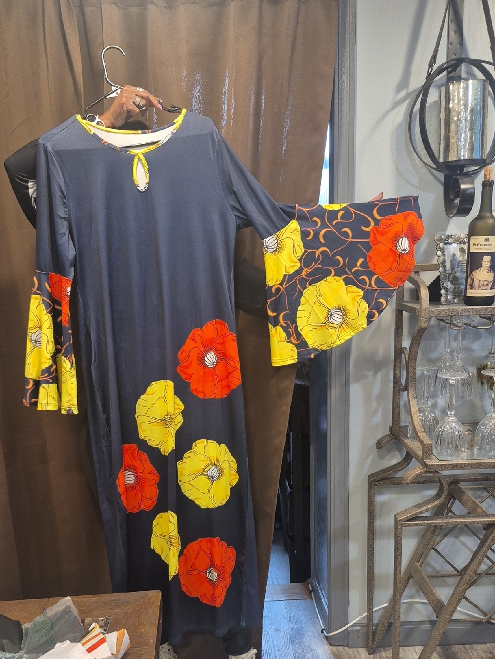 Navy Floral Bell-Sleeve Maxi Dress with Yellow & Orange Blooms